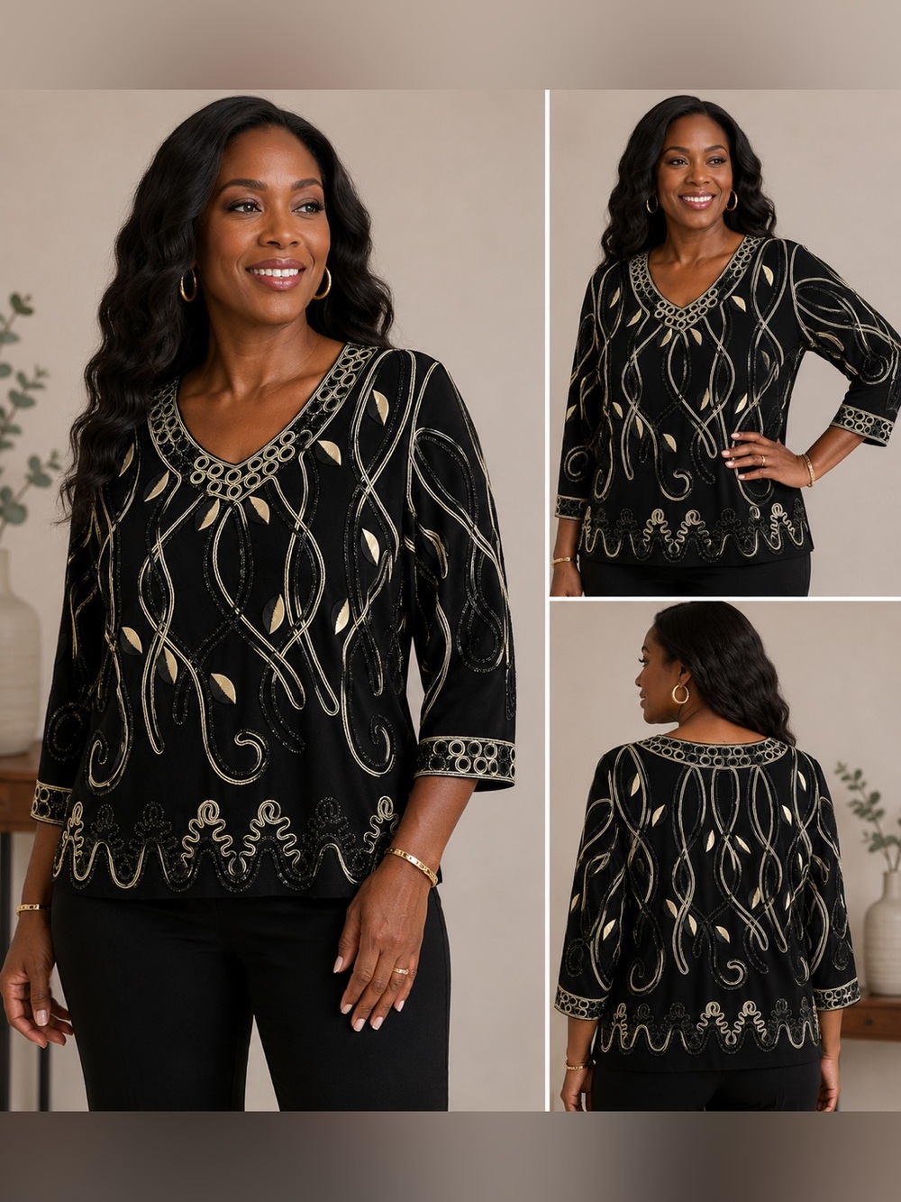 Embellished V-Neck Black & Gold Blouse